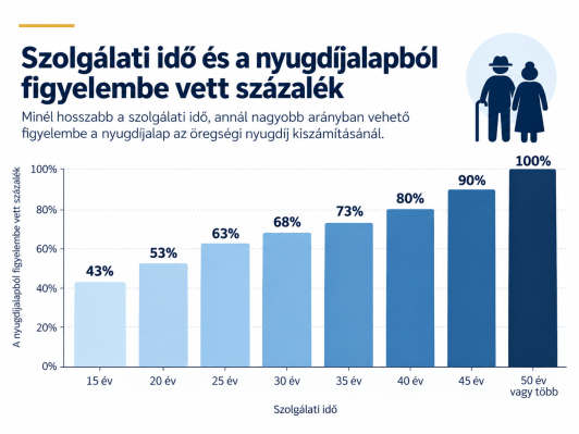 Szolgálati idő alapján figyelembe vett százalék a nyugdíjszámításnál: 15 évnél 43%, 20 évnél 53%, 30 évnél 68%, 40 évnél 80%, 50 évnél 100%.