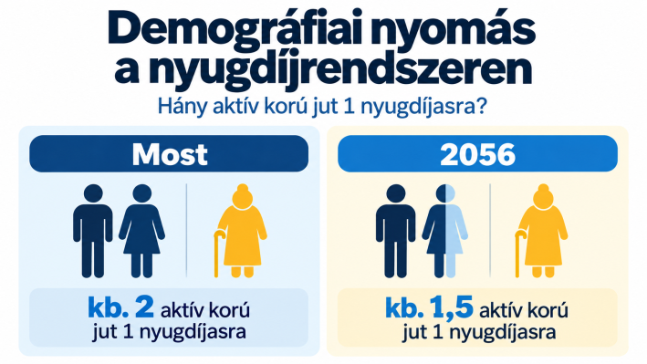 Demográfiai nyomás a nyugdíjrendszeren: jelenleg körülbelül 2, 2056-ban várhatóan 1,5 aktív korú jut egy nyugdíjasra.